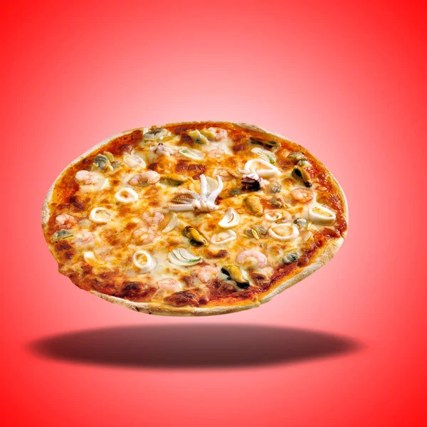 Floating Pizza Siciliana On Red Radial Gradient Stock Photo