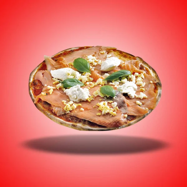 Floating Pizza Siciliana On Red Radial Gradient Stock Photo