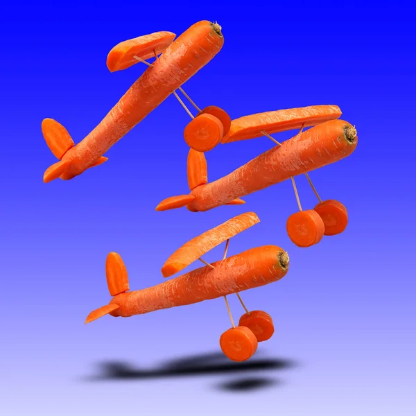 Плавающие Плоскости Моркови Зубочистки Синем Линейном Градиентном Фоне — стоковое фото
