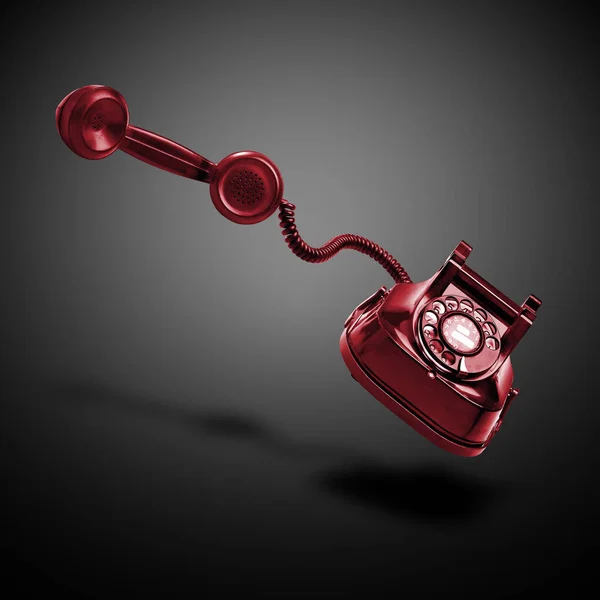 Lebegő Old Red Telefon Árnyékban Fekete Radiális Gradiens Háttér — Stock Fotó