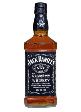 Brüksel, Belçika - 16 Ocak 2024, Belçika için yapılmış beyaz arka planda izole edilmiş cam şişe Jack Daniels viskisi. Popüler içecek markası