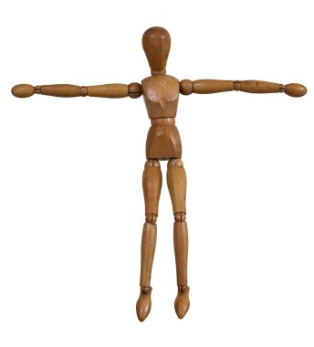 Beyaz arkaplana karşı poz veren tahta kukla