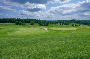 Golf sahasının pürüzsüz çimenli bölgesi, ağaçlar ve bulutlu gökyüzü.