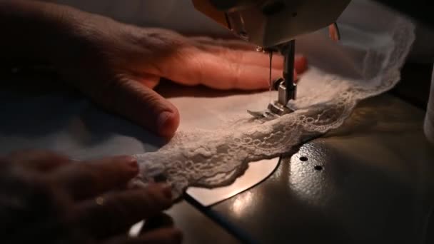 Work Seamstress Sews Clothes Threads Fabric — Stock Video
