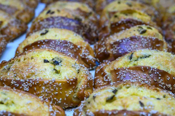 stock image Traditional Cypriot Flaouna delicious Greek Easter Cheese Bread. Flaounes are traditionally prepared for Easter by Orthodox Cypriots.