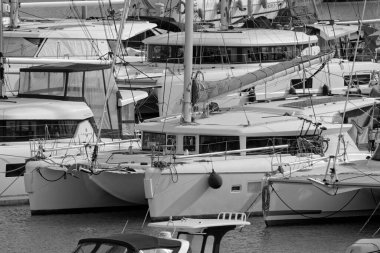 Italy, Sicily, Mediterranean sea, Marina di Ragusa (Ragusa Province); 12 January 2023, catamaran sailing boats in the port - EDITORIAL