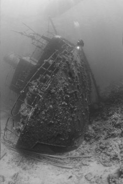 EGYPT, Red Sea, the wreck of a sunken ship and a scuba diver