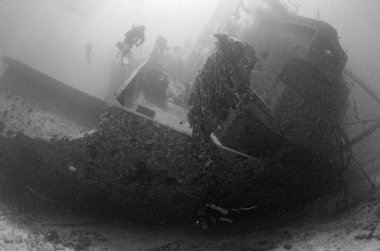 EGYPT, Red Sea, the wreck of a sunken ship and a scuba divers
