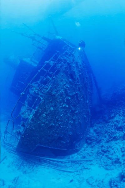 EGYPT, Red Sea, the wreck of a sunken ship and a scuba diver