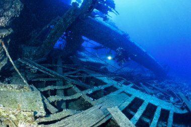 EGYPT, Red Sea, the wreck of a sunken ship and a scuba diver