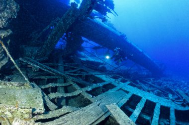 EGYPT, Red Sea, the wreck of a sunken ship and a scuba diver