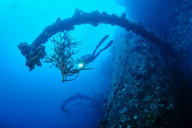 EGYPT, Red Sea, the wreck of a sunken ship and a scuba diver