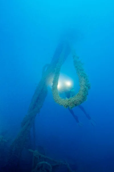 Italy Mediterranean Sea Ponza Island Wreck Sunken Ship Scuba Diver — Stock fotografie
