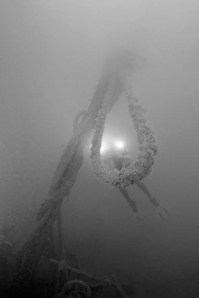 Italy Mediterranean Sea Ponza Island Wreck Sunken Ship Scuba Diver — Stockfoto