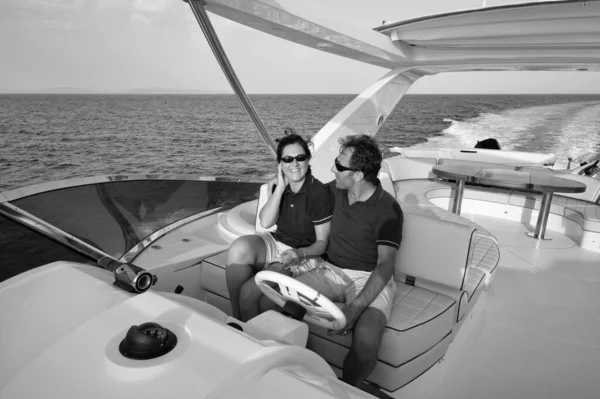 Italy Tuscany Elba Island Luxury Yacht Azimut Couple Flybridge Driving — стоковое фото