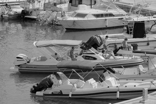 イタリア シチリア島 地中海 マリーナ ラグーザ ラグーザ州 7月2023 港のゴムボートに犬を持つ人々 Editorial — ストック写真