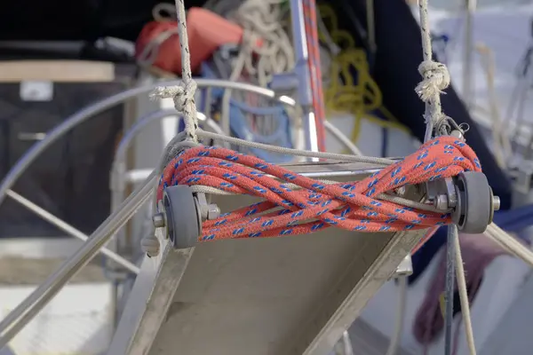 Italy, Sicily, Marina di Ragusa (Ragusa Province), nautical ropes on the boarding ladder of a sailing boat in the port