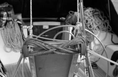 İtalya, Sicilya, Marina di Ragusa (Ragusa Eyaleti), limandaki bir yelkenli teknesinin merdiveni üzerinde deniz ipleri.