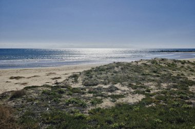 İtalya, Sicilya, Akdeniz, Güney kumlu kıyı şeridi, Playa Grande (Ragusa ili), sahil ve deniz manzarası