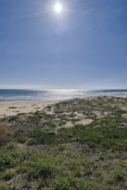 İtalya, Sicilya, Akdeniz, Güney kumlu kıyı şeridi, Playa Grande (Ragusa ili), sahil ve deniz manzarası