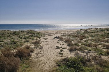 İtalya, Sicilya, Akdeniz, Güney kumlu kıyı şeridi, Playa Grande (Ragusa ili), sahil ve deniz manzarası