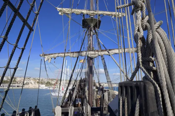 Italy, Sicily, Marina di Ragusa (Ragusa Province); wooden spanish galleon in the port, built in Spain in 2009 with the same specs of the original VII cenrury galleons.