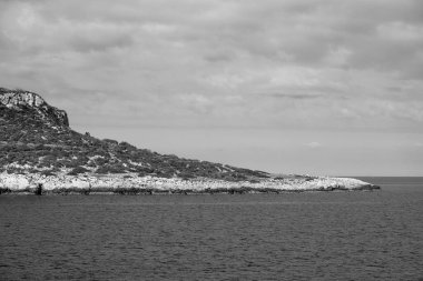 İtalya, Sicilya, Akdeniz, Egadi takımadaları, Levanzo Adası (Trapani Eyaleti); adanın kayalık kıyılarının manzarası