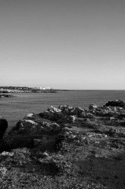 İtalya, Sicilya, Akdeniz, Egadi takımadaları, Favignana Adası (Trapani Eyaleti); adanın kayalık kıyılarının manzarası