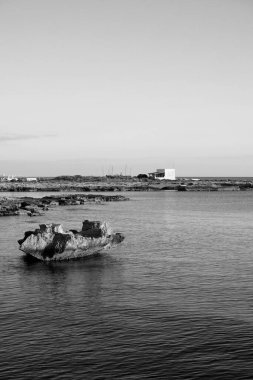 İtalya, Sicilya, Akdeniz, Egadi takımadaları, Favignana Adası (Trapani Eyaleti); adanın kayalık kıyılarının manzarası