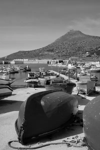 İtalya, Sicilya, Akdeniz, Egadi takımadaları, Favignana Adası (Trapani Eyaleti); 21 Mart 2024, limanda ahşap balıkçı tekneleri (arka planda eski ton balığı fabrikası) -