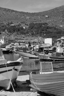 İtalya, Sicilya, Akdeniz, Egadi takımadaları, Favignana Adası (Trapani Eyaleti); limanda insanlar ve balıkçı tekneleri