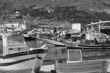 İtalya, Sicilya, Akdeniz, Egadi takımadaları, Favignana Adası (Trapani Eyaleti); limanda insanlar ve balıkçı tekneleri