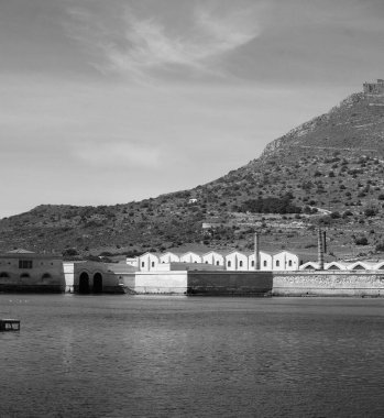 İtalya, Sicilya, Akdeniz, Egadi takımadaları, Favignana Adası (Trapani Eyaleti); eski Florio ton balığı balıkçılığı fabrikası 