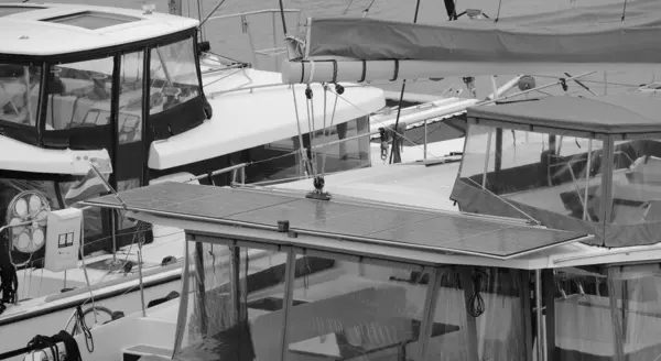 Stock image Italy, Sicily, Mediterranean sea, Marina di Ragusa (Ragusa Province); catamaran sailing boats in the port 