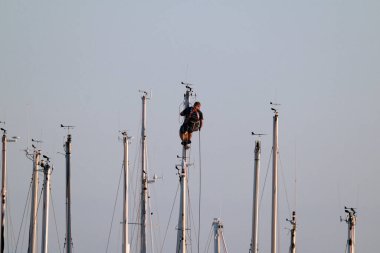 İtalya, Sicilya, Akdeniz, Marina di Ragusa, limanda yelkenli gemi direğinde çalışan adam.