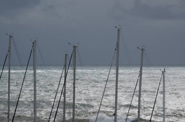 İtalya, Sicilya, Akdeniz, Marina di Ragusa (Ragusa Eyaleti); limanda yelkenli gemi direkleri 