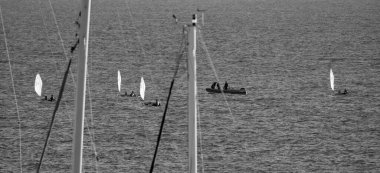 Italy, Sicily, Mediterranean sea, Marina di Ragusa (Ragusa Province); dinghies regatta and sailing boat masts in the port clipart