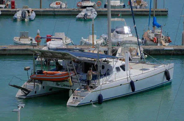 İtalya, Sicilya, Akdeniz, Marina di Ragusa (Ragusa Eyaleti); 6 Haziran 2025, limandaki katamaran yelkenli teknesinde köpekli insanlar - EDITORIAL