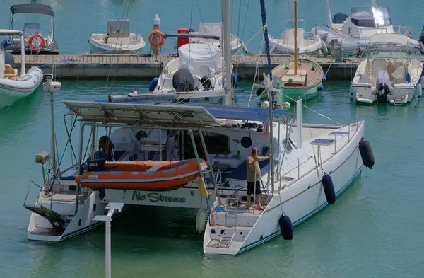 İtalya, Sicilya, Akdeniz, Marina di Ragusa (Ragusa Eyaleti); 6 Haziran 2025, limandaki katamaran yelkenli teknesinde köpekli insanlar - EDITORIAL