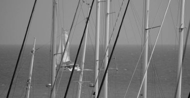 İtalya, Sicilya, Akdeniz, Marina di Ragusa (Ragusa ili); 17 Temmuz 2025, limanda yelkenli direkleri ve arka planda bir katamaran yelkenlisi - EDITORIAL