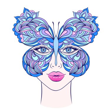 Kelebek kadın yüzünü kaplar. El çizimi illüstrasyon..