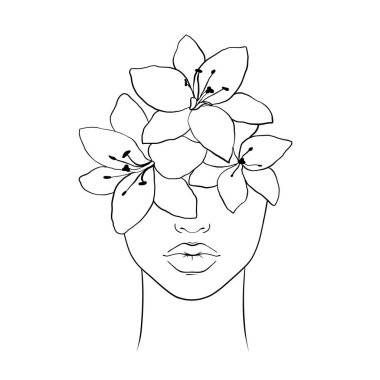 Kadın yüzü ve çiçekleri. Moda illüstrasyonu..