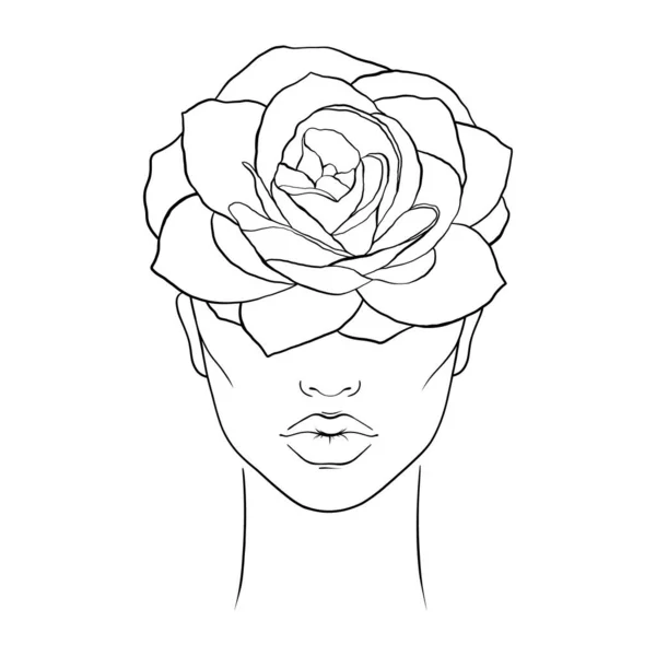 Woman Face Rose Flower Her Head — Stock Vector