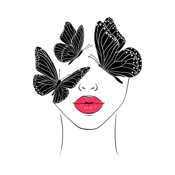 Vrouw Gezicht Vlinders Moderne Mode Illustratie — Stockvector
