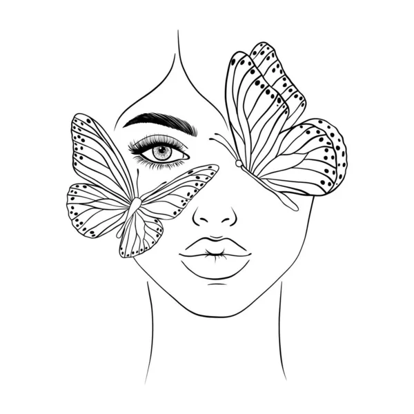 Kadın Yüzü Kelebekler Modern Moda Çizimi — Stok Vektör