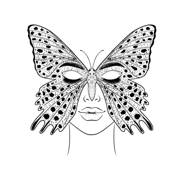 Schmetterling Und Frau Face Handgezeichnete Illustration Auf Weißem Hintergrund — Stockvektor
