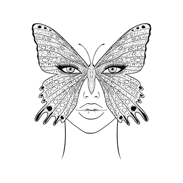 Schmetterling Und Frau Face Handgezeichnete Illustration Auf Weißem Hintergrund — Stockvektor