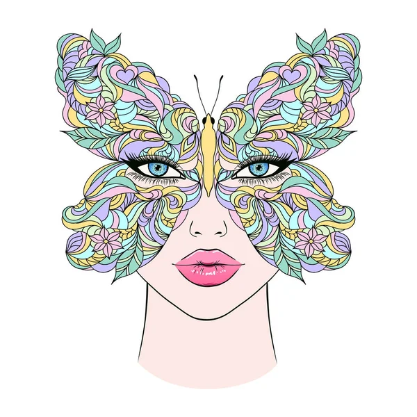 Motýl Žena Obličej Ručně Kreslené Ilustrace — Stockový vektor
