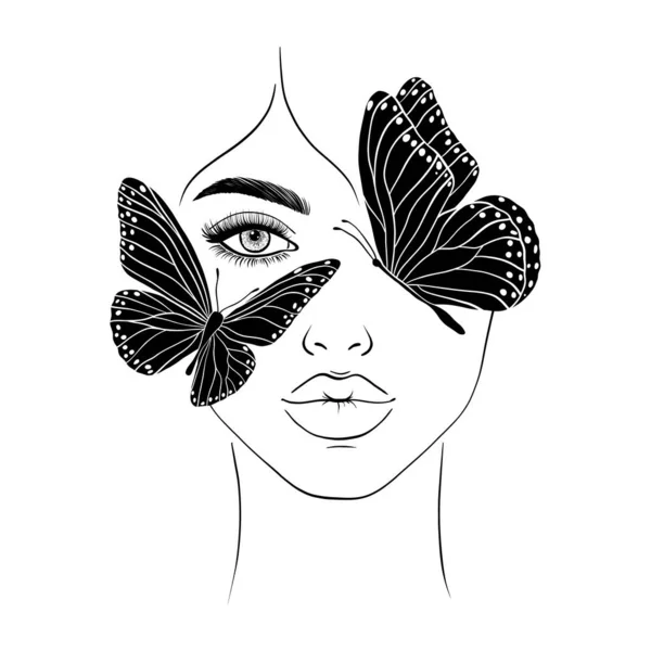 Ženská Tvář Motýli Moderní Módní Ilustrace — Stockový vektor