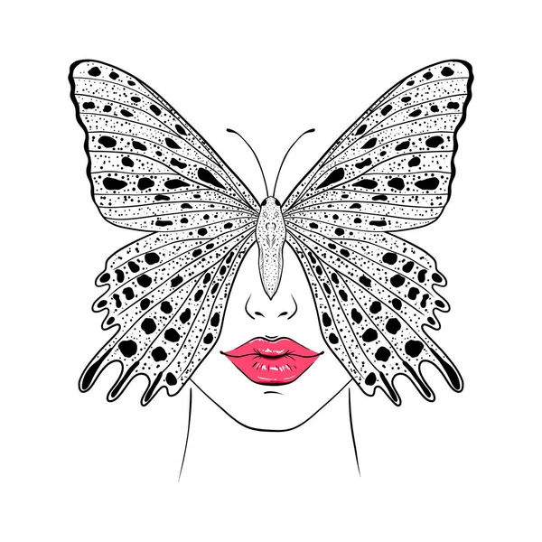 Butterfly Woman Face Hand Drawn Illustration — Stockvektor